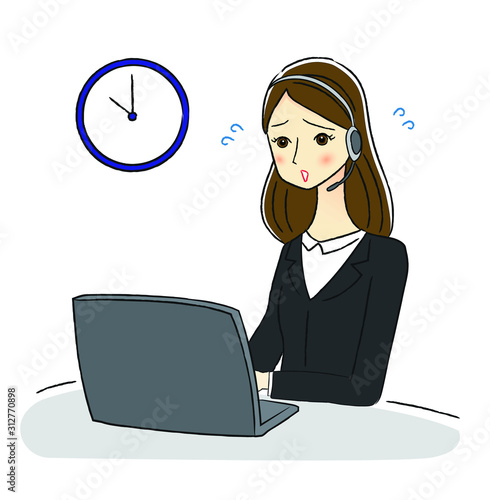 残業するオペレーターの女性のイラスト