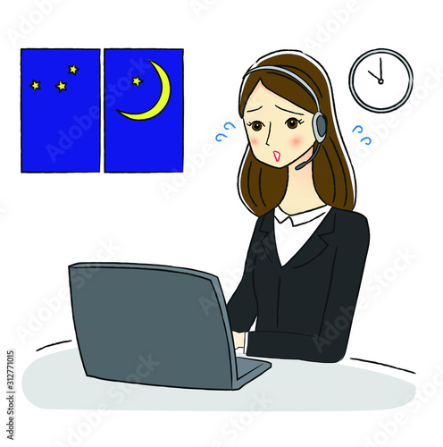 残業するオペレーターの女性のイラスト