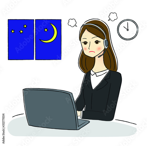 残業するオペレーターの女性のイラスト