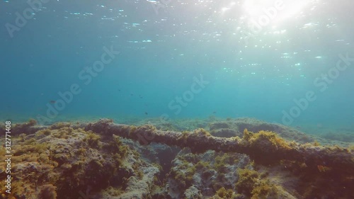 Rocky seabed illuminated by the rays of the sun and a communication cable in a pipe at the bottom of the sea. Underwater shooting.