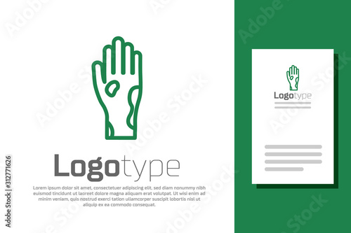 Green line Hand with psoriasis or eczema icon isolated on white background. Concept of human skin response to allergen or chronic body problem. Logo design template element. Vector Illustration