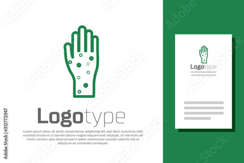 Green line Hand with psoriasis or eczema icon isolated on white background. Concept of human skin response to allergen or chronic body problem. Logo design template element. Vector Illustration