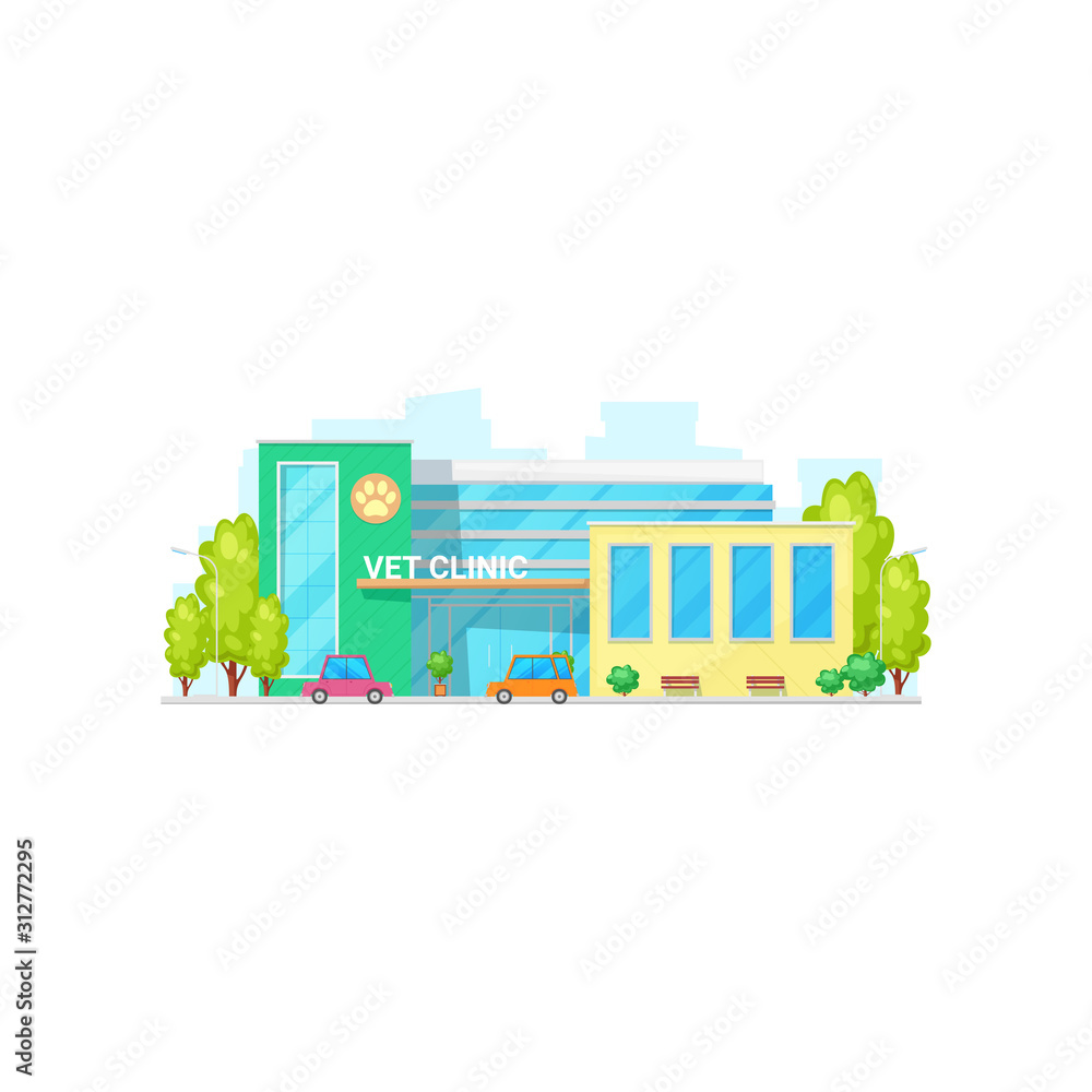 Veterinary medicine hospital isolated vet clinic exterior. Vector building facade, parking zone Veterinary medicine hospital isolated vet clinic exterior. Vector building facade, parking zone