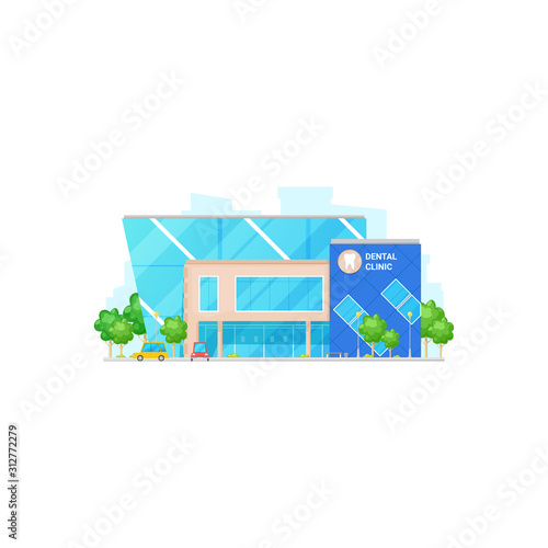 Dental clinic isolated dentistry center building. Vector dentist office facade, parking zone