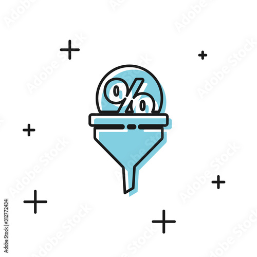 Black Lead management icon isolated on white background. Funnel with discount percent. Target client business concept. Vector Illustration