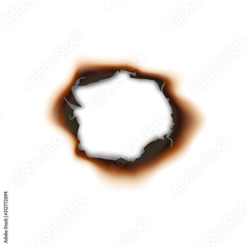 Paper sheet damaged by fire isolated burnt hole. Burnt hole in sheet of paper isolated damaged by fire surface. Vector torn page with brown ash