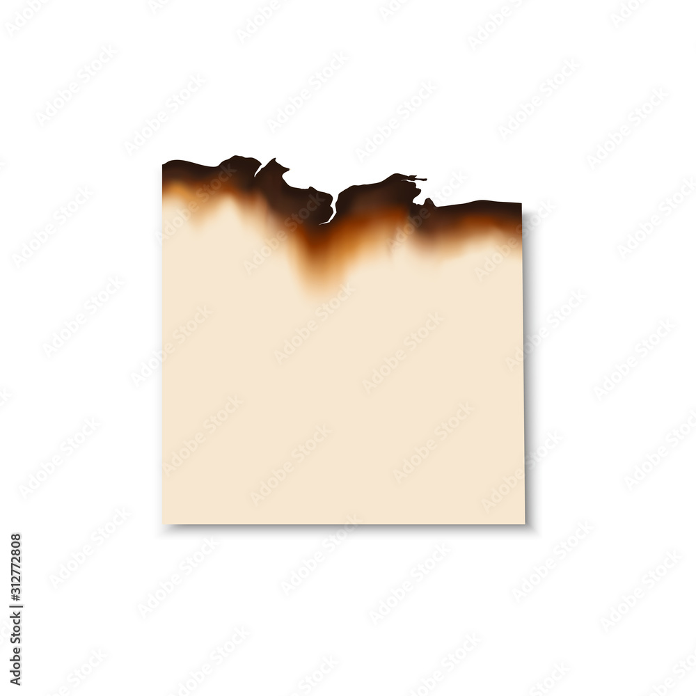 Fototapeta premium Burnt scorched piece of paper. Vector parchment sheet with dirty edges left by fire or flame