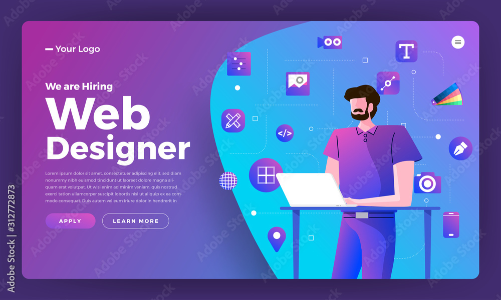 Flat design concept we are hiring web designer. Landing page template design for hiring web design people. Vector illustrations. Flat design concept we are hiring web designer. Landing page template design for hiring web design people. Vector illustrations.