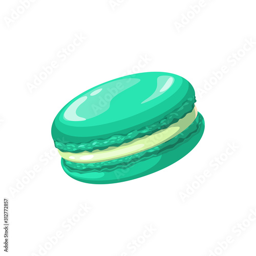Sweet green macaroon isolated confectionery snack. Vector pastry food cake, french dessert