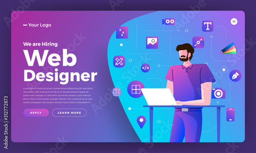 Flat design concept we are hiring web designer. Landing page template design for hiring web design people. Vector illustrations.