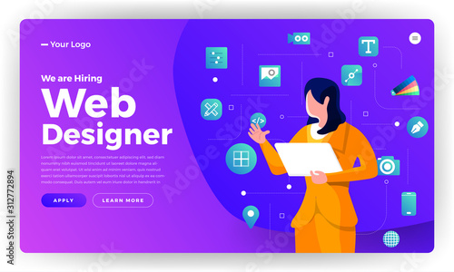 Flat design concept we are hiring web designer. Landing page template design for hiring web design people. Vector illustrations.