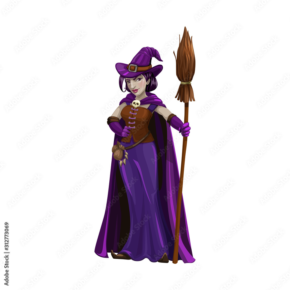 Witch with broom isolated Halloween character. Vector magic lady with broomstick, hat and purple gown Witch with broom isolated Halloween character. Vector magic lady with broomstick, hat and purple gown