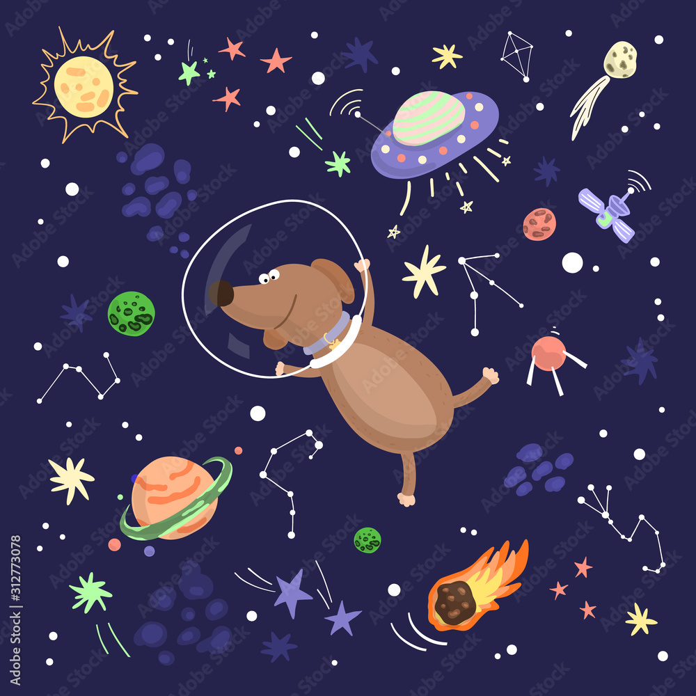 Animals travel in space, dog in the open spaces. Doodle in cartoon style, flat vector illustration. Children textile.