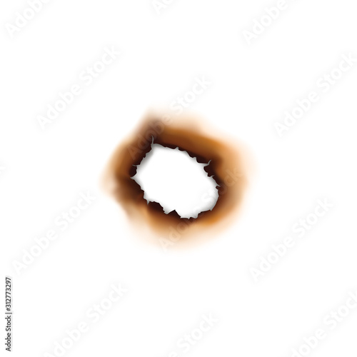 Paper sheet damaged by fire isolated burnt hole. Burnt hole in sheet of paper isolated damaged by fire surface. Vector torn page with brown ash