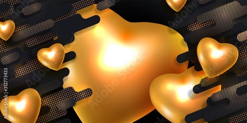 Valentines day black and golden banner with realistic gold metal 3d hearts
