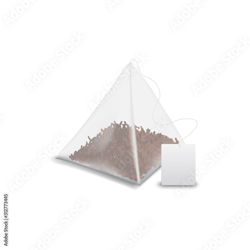 Teabag pyramid with label isolated black tea mockup. Vector tea bag with blank tag, template