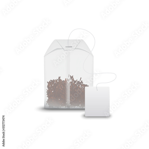 Tea bag with black tea in transparent package isolated. Vector teabag and blank tag mockup