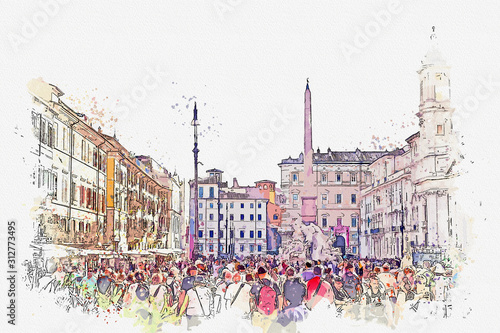 Watercolor drawing picture of Many people Piazza Navona ROme Italy. photo