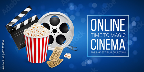 Cinematograph Concept Banner Design Template with Movie Clapper Board, Cinema Ticket, Popcorn in the Striped Bag and Film Reel Over Blue Background with Light Effects