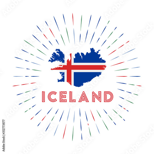 Iceland sunburst badge. The country sign with a map of Iceland with the Icelandic flag. Colorful rays around the logo. Vector illustration.