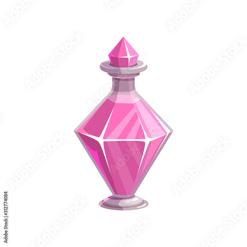 Elixir of love in diamond shape vial isolated witch potion. Vector pink mixture in magical bottle