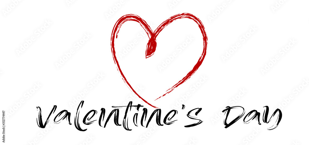 Lettering Valentine's day. Red heart. On white background. Banner or postcard.