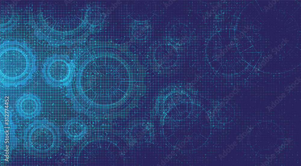 Obraz premium Vector Abstract Digital Technology Gears wheel and Cock with Circuit Line Background
