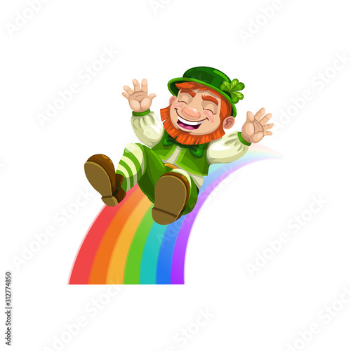 Happy leprechaun sliding down rainbow isolated. Vector smiling elf in green hat and suit