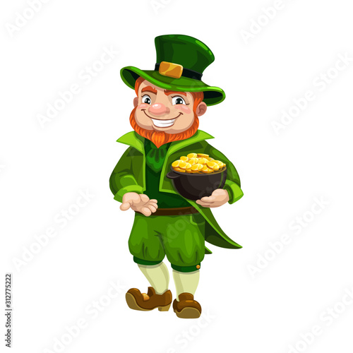Irish leprechaun isolated gnome with pot of gold. Vector Saint Patricks treasures, golden coins