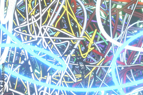 Messy colorful string neon grow lights. For graphic design or background. 3D render.