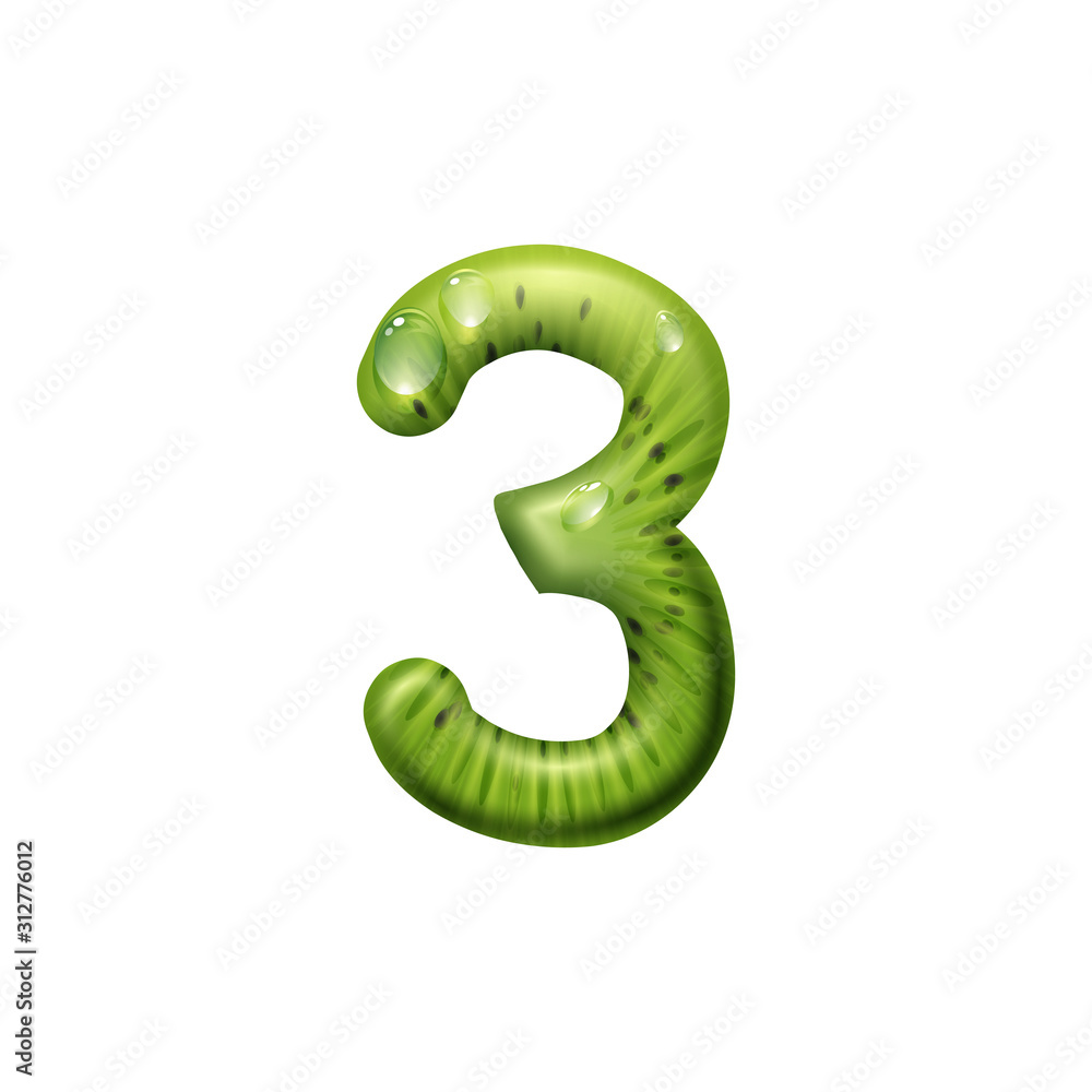 Three numeral of kiwi fruit isolated typography font element. Vector 3 summer digit with water drops