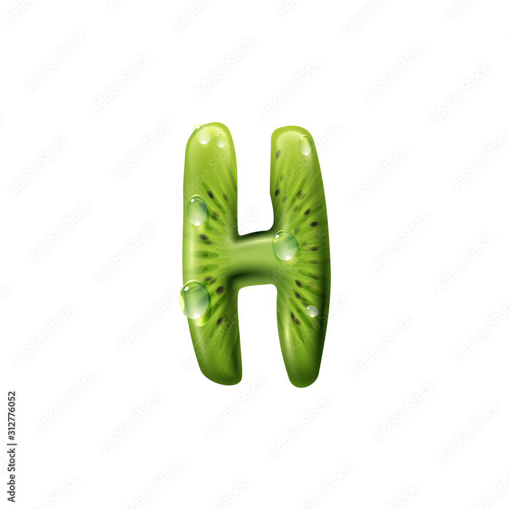 H letter, kiwi with water drops, summer alphabet. Vector h sign, ABC part H letter, kiwi with water drops, summer alphabet. Vector h sign, ABC part