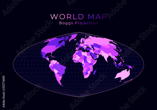 World Map. Boggs eumorphic projection. Digital world illustration. Bright pink neon colors on dark background. Classy vector illustration.