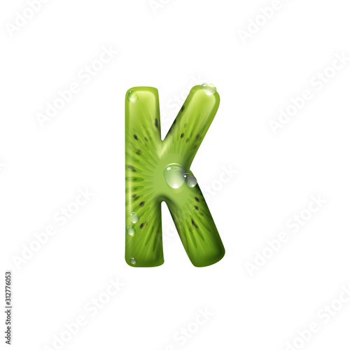 Capital letter K of exotic kiwi isolated summer food alphabet symbol. Vector K, tropical font