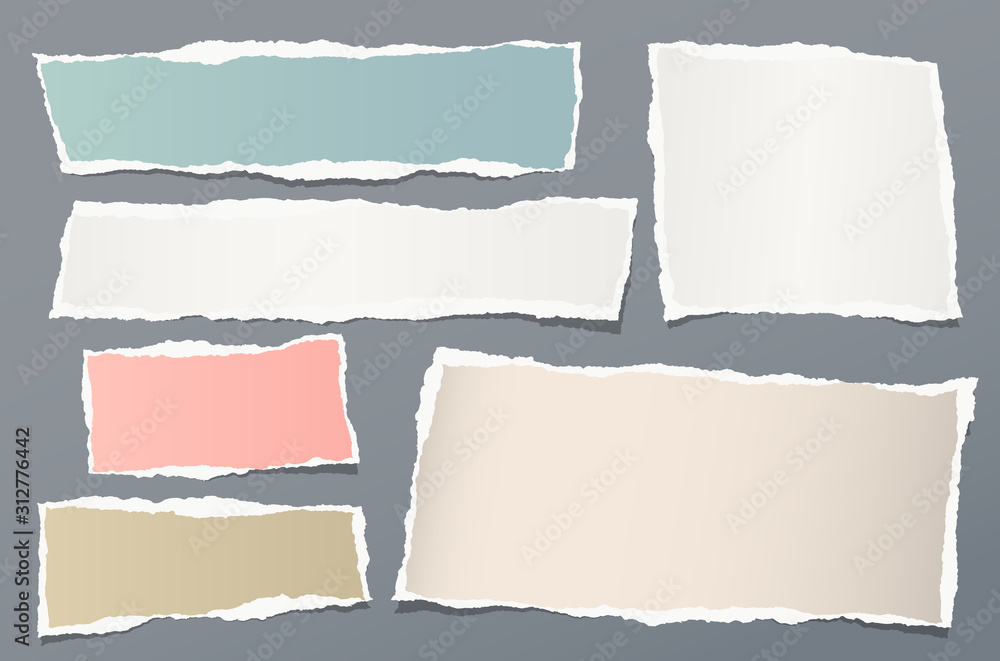 Set of torn white and colorful note, notebook paper pieces stuck on grey background. Vector illustration