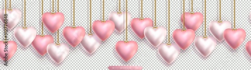 Valentines Day seamless horizontal top border with pink and pearly 3D hearts hanging on gold chains. Festive isolated decoration on transparent background for February 14, Birthday, anniversary