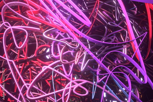 Abstract, messy colorful string neon grow lights. Wallpaper for graphic design. 3D render.