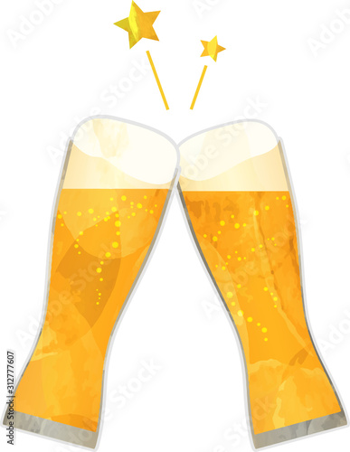 乾杯_生ビール_ビール_切り絵風_グラス_ベクター_イラスト_ドリンク_お酒_アルコール