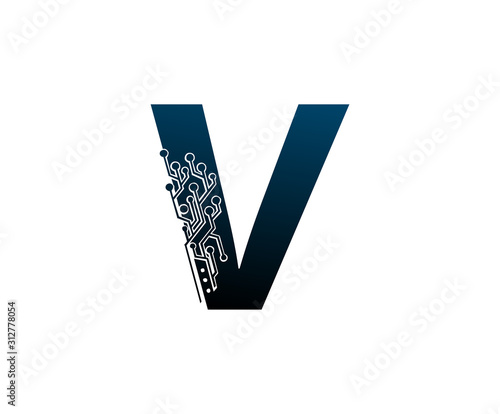 V Letter Digital Network , Initial V Technology and digital abstract line connection vector logo.