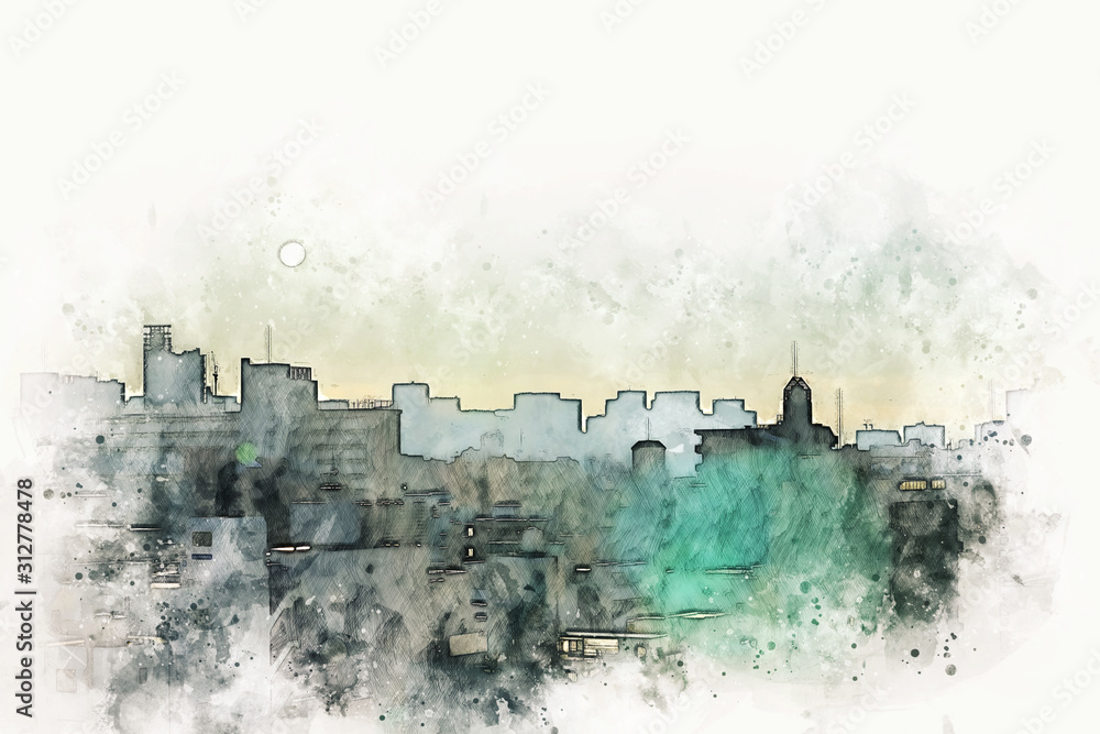 Obraz premium Abstract offices Building in the city on watercolor painting background. City on Digital illustration brush to art.