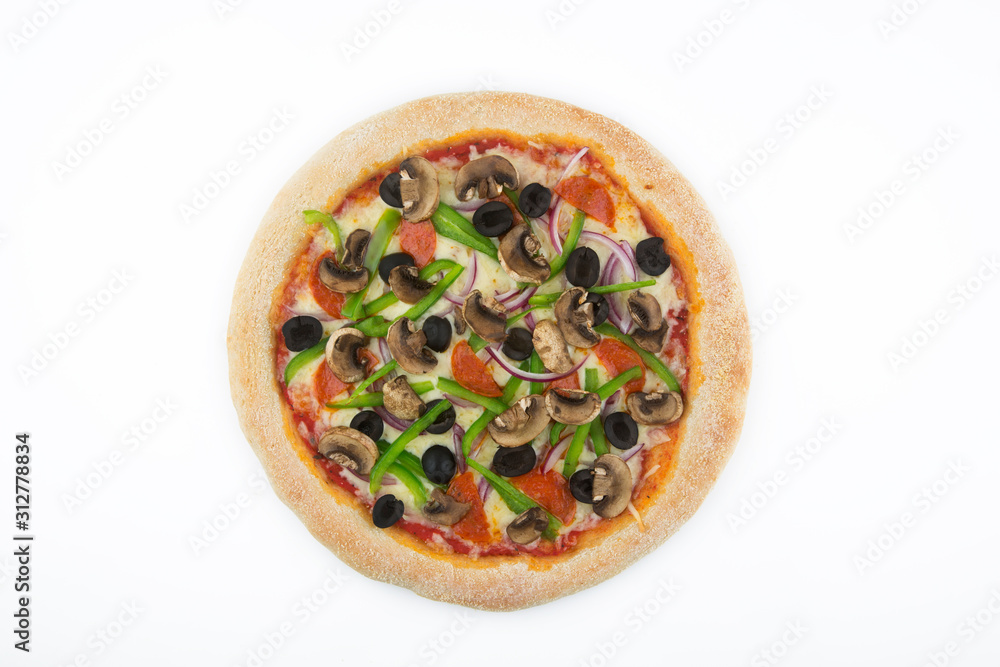 Pizza with vegetables and pepperoni view from above isolated on white background. Pizza with vegetables and pepperoni view from above isolated on white background.