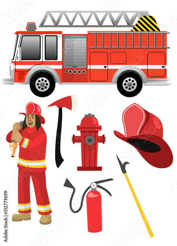 cartoon fire fighter set with the objects
