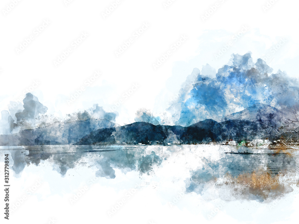 Obraz Streszczenie kolorowe pasmo górskie i rzeka jezioro w Japonii na tle akwarela ilustracja malarstwo.