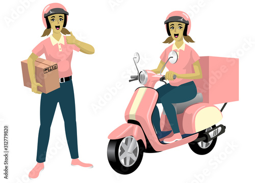 set of women courier worker with her scooter