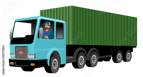 smiling truck driver driving big cargo truck