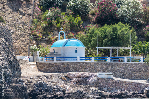 Church with blue roof near Stegna on the eastside of Greek island Rhodes