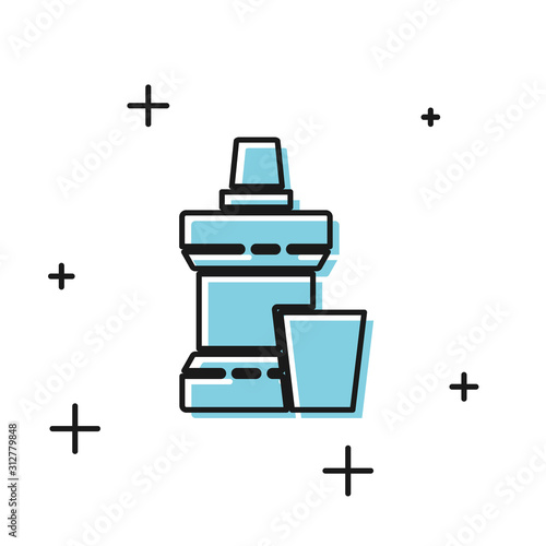 Black Mouthwash plastic bottle and glass icon isolated on white background. Liquid for rinsing mouth. Oralcare equipment. Vector Illustration