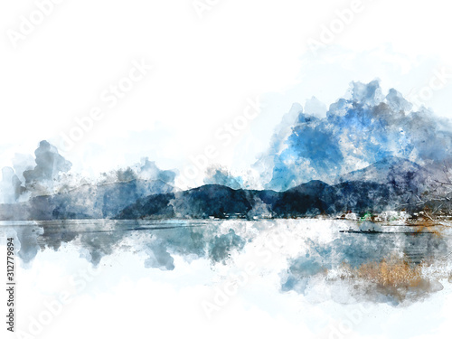 Abstract colorful mountain range and river lake in Japan on watercolor illustration painting background.
