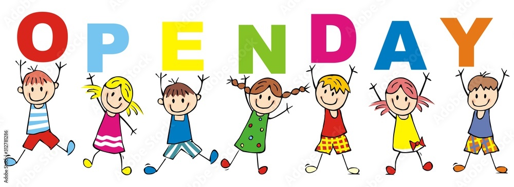 Happy kids and inscription open day, vector illustration Happy kids and inscription open day, vector illustration