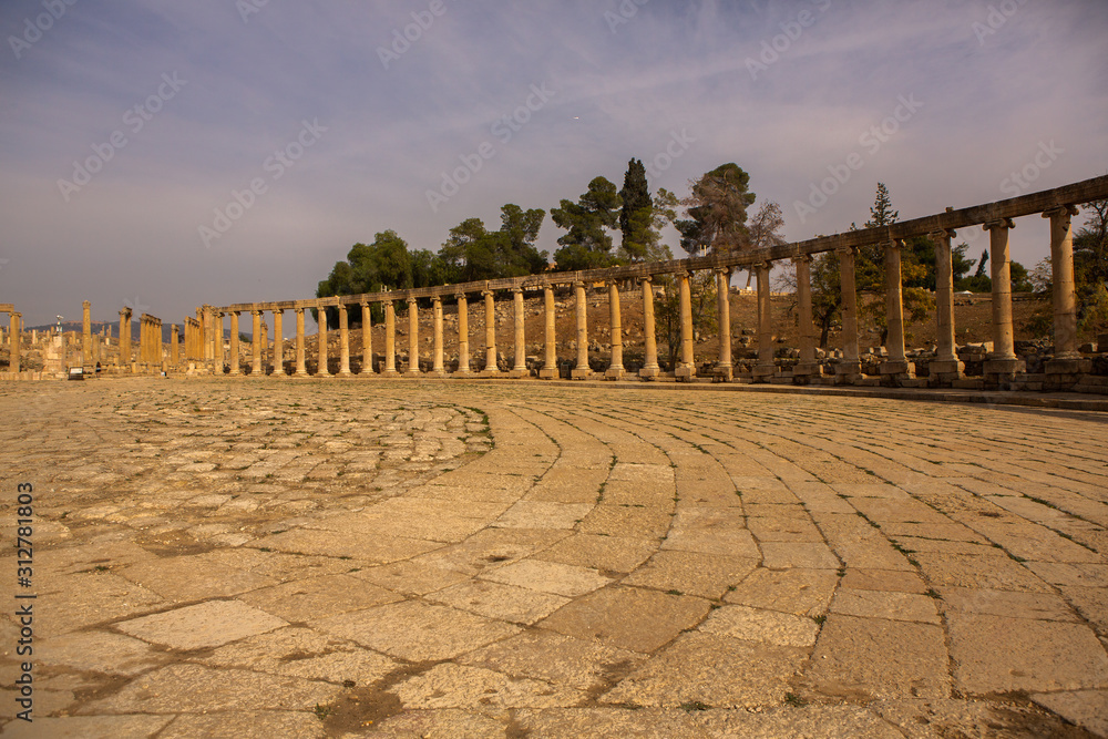 Roman ruins in the Jordanian city of Jerash. The ruins of the walled Greco-Roman settlement of Gerasa just outside the modern city.  The Jerash Archaeological Museum.